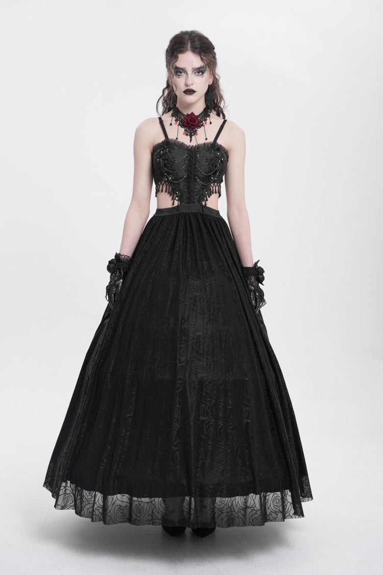 Black Jacquard Floral Embroidery Lace Ripped Women's Gothic Party Slip Dress