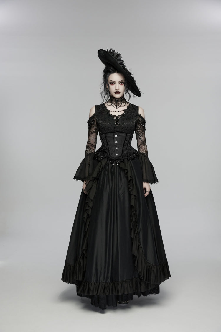 Black Jacquard Lace-Up Slim Women's Gothic Tassels Corset