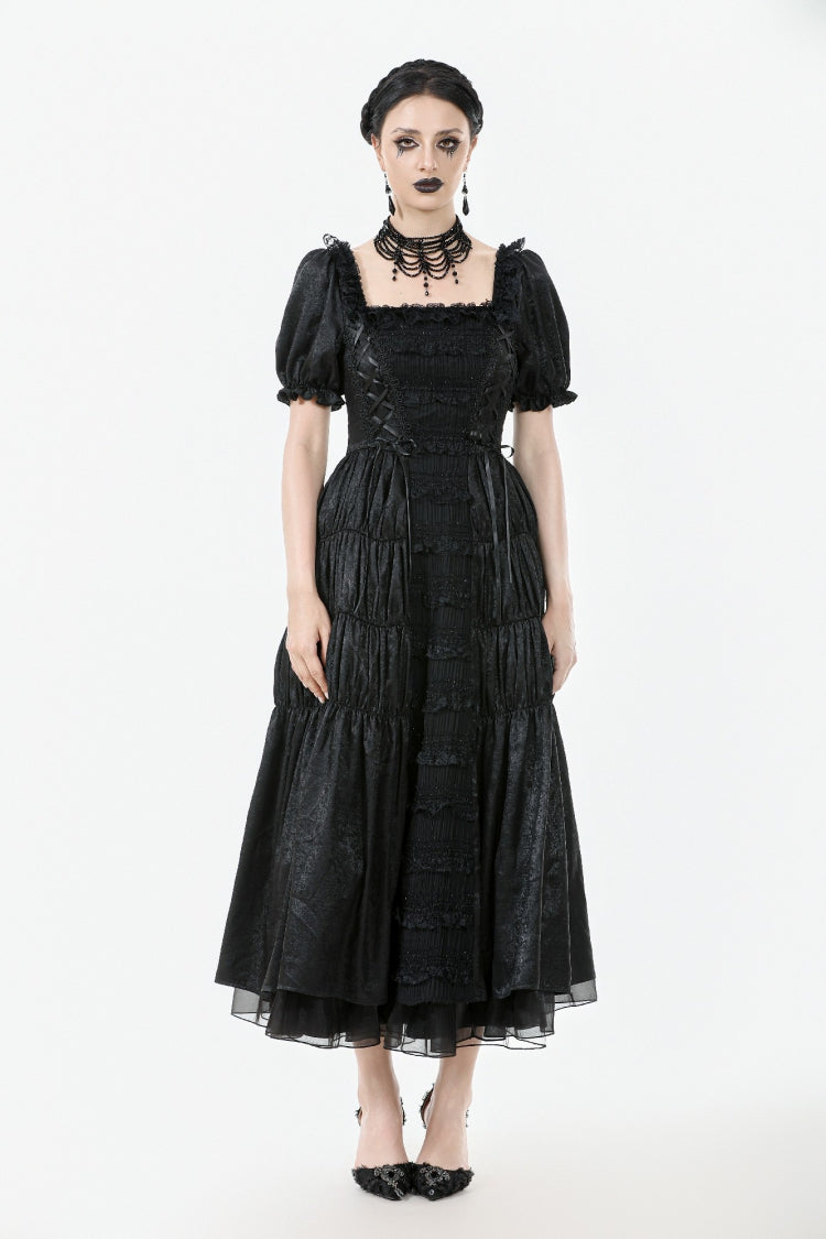 Black Lace Square Collar Short Puff Sleeves Lace-Up Ruched Women's Gothic Wedding Dress