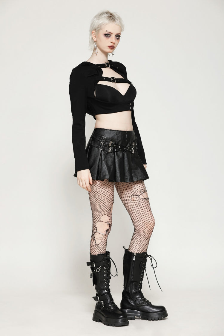 Black Low Waisted Buckle-Up Women's Punk PU Leather Pleated Mini Skirt