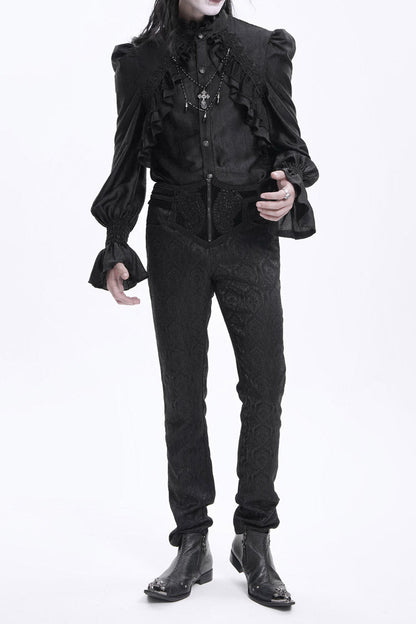 Black Floral Print Embroidery Branded Zip Men's Gothic Pants