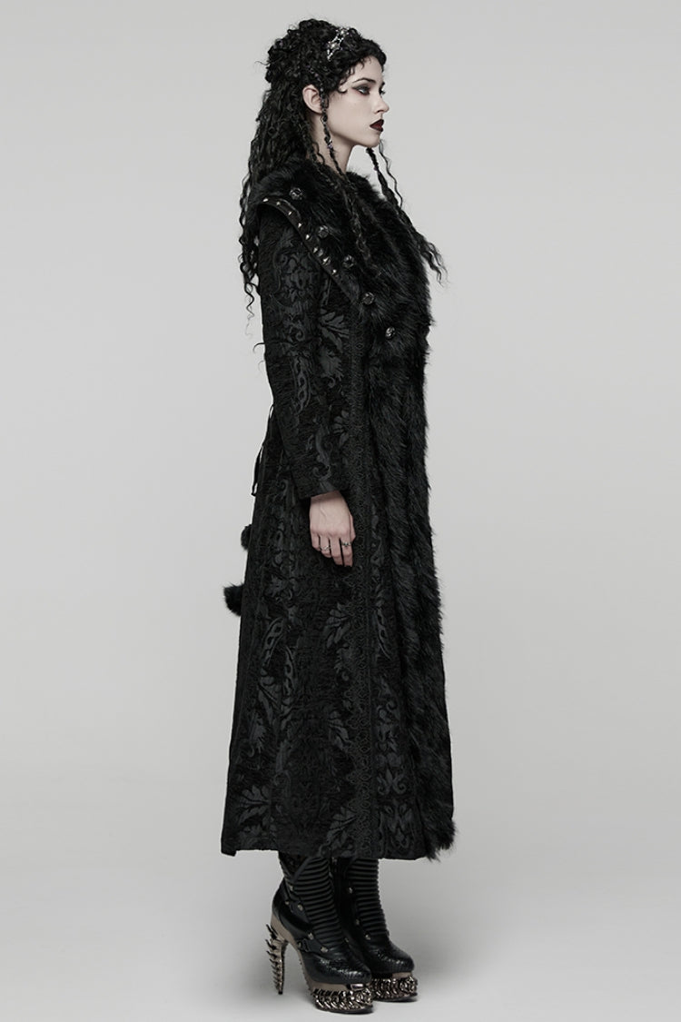 Black Lapel Collar Long Sleeves Floral Printed Plush Spliced Women's Gothic Coat