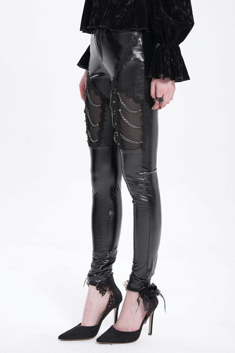 Black Chain Faux Leather Stitching Lace Women's Gothic Pants