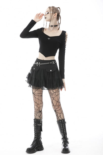 Black Long Sleeves Irregular Strappy Bat Women's Punk Crop Top