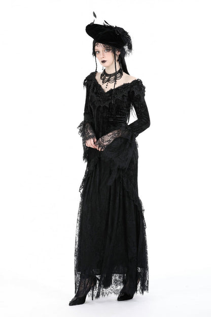Black Off Shoulder Lace Long Trumpet Sleeves Lace-Up Women's Gothic Bodycon Dress