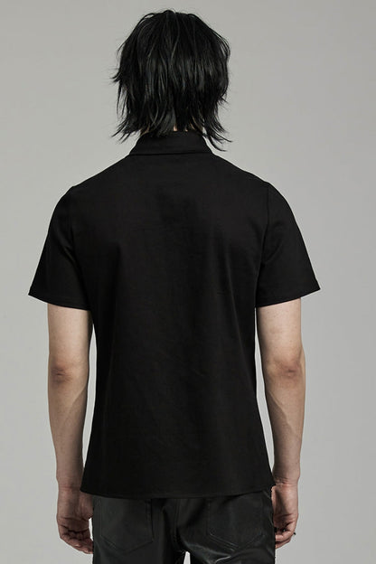 Black Lapel Collar Short Sleeves Stitching Men's Punk Blouse