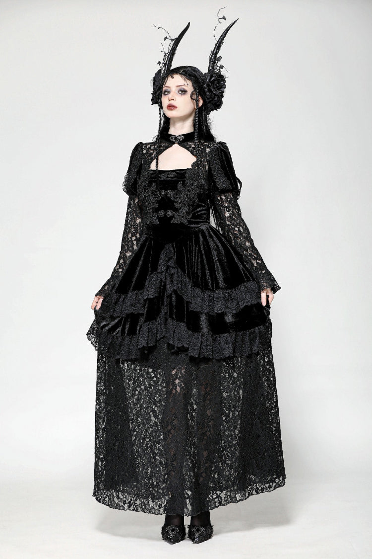 Black Long Puff Sleeves Cut-Out Lace Spliced Velvet Lace-Up Women's Gothic Princess Evening Dress