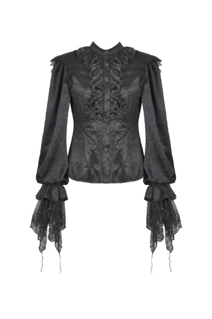 Black Long Lantern Sleeves Ruffled Spliced Lace Women's Gothic Blouse
