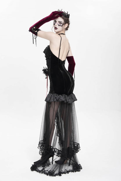 Black Floral Embroidery Mesh Hem Women's Gothic Long Slip Dress