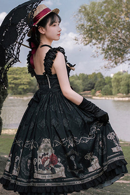 Black Nightingale Rose Print Bowknot Ruffled Strapless Gothic Lolita JSK Dress
