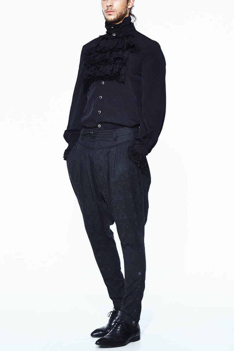 Black Oversize Jacquard Pattern Ribbons Snap Fastener Men's Gothic Pants