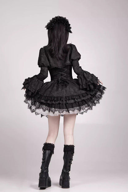 Black  [Letters & Poems · Twilight] Multi-Layered Jacquard Ruffled Witch Gothic Lolita Skirt 2 Versions