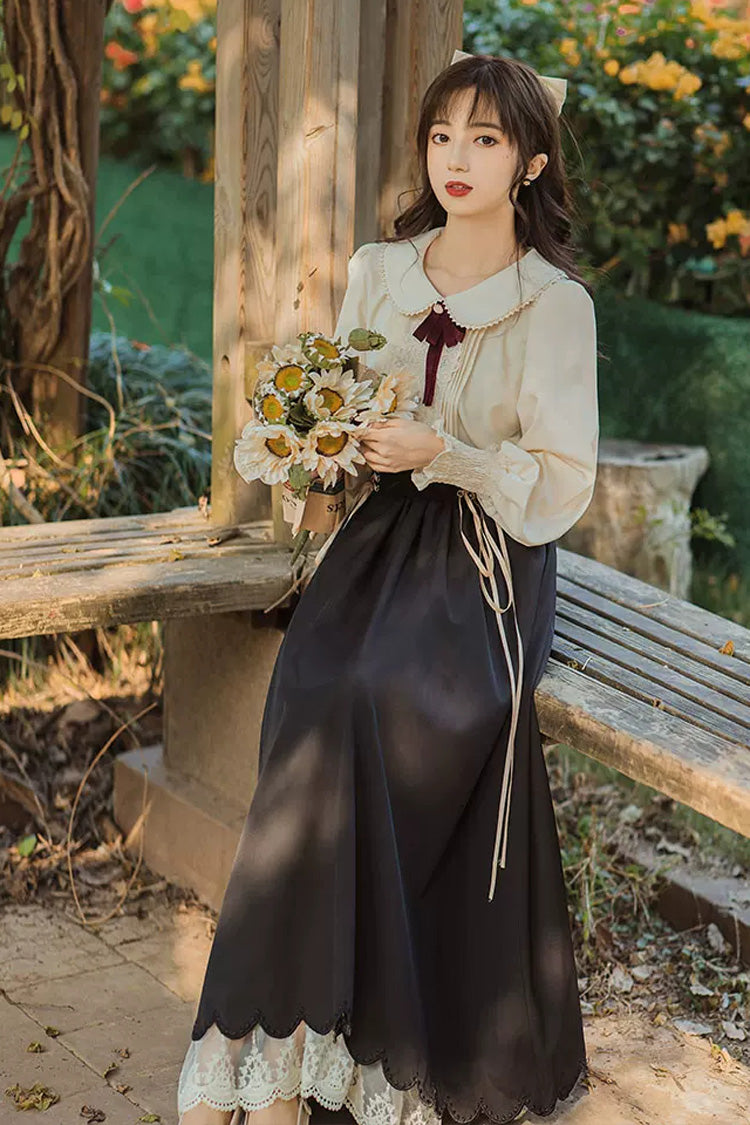 Black Lapel Collar Long Sleeves High Waisted Lace-Up Wave Hem Classic Lolita Two-Piece Skirt Set