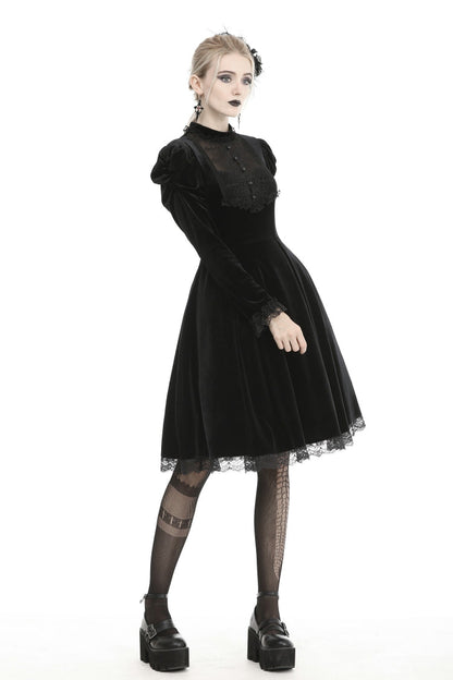 Black Lace Long Puff Sleeves Women's Gothic Velet Dress