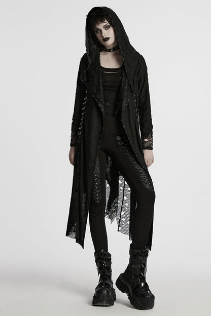 Black Long Sleeves Stitching Hooded Mesh Ripped Women's Gothic Coat