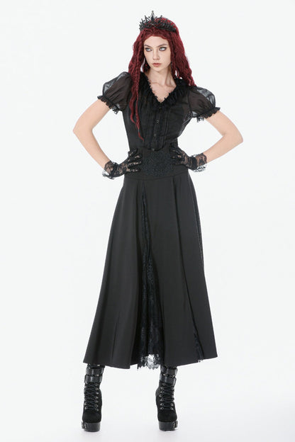Black High Waisted Floral Printed Lace Mesh Women's Gothic Elegant Long Skirt