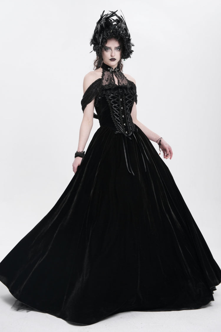 Black Off Shoulder Embroidery Lace Lace-Up Women's Gothic Gown Dress