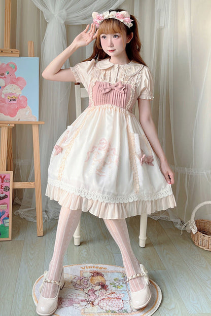 Beige Ruffled Bow Cute Bear Print High Waisted Sweet Lolita JSK Dress