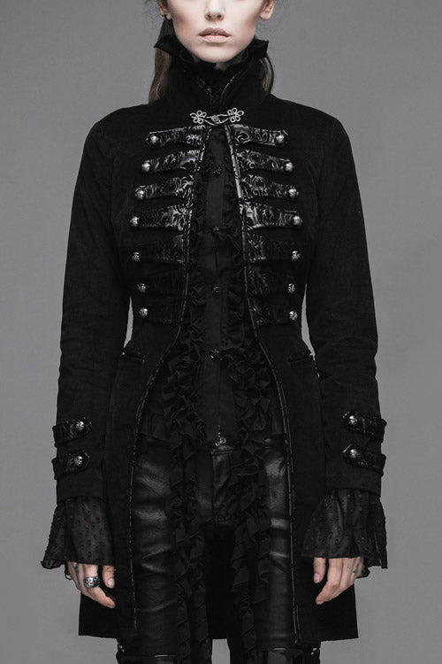 Black Floral Flocking Leather Loops Stand Collar Poncho Womens Gothic Coat