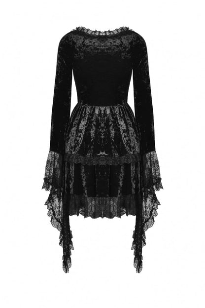 Black Irregular Long Trumpet Sleeves Lace Spliced Women's Gothic Velvet Graduation Dress