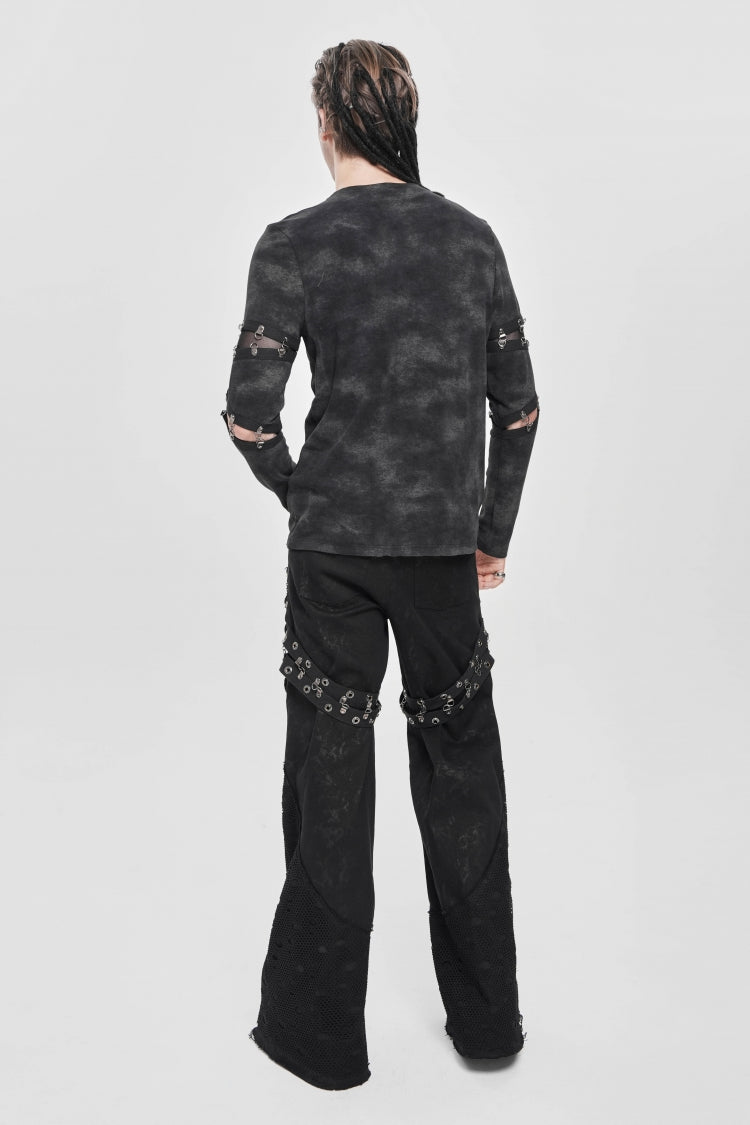 Black Long Sleeves Cutout Rivets Chain Men's Punk Blouse