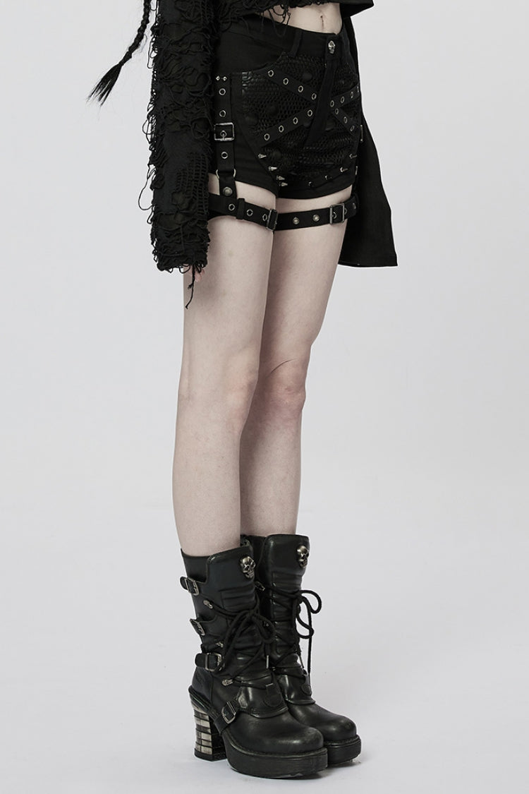 Black Faux Leather Stitching Mesh Buckles Women's Steampunk Shorts
