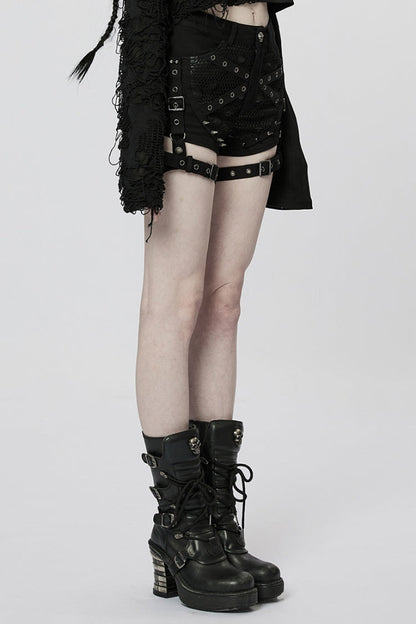Black Faux Leather Stitching Mesh Buckles Women's Steampunk Shorts