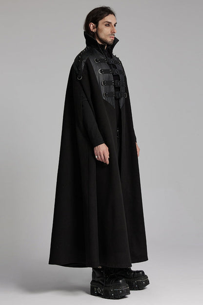 Black High Collar Faux Leather Stitching Mesh Rivet Buckle Women's Punk Cloak