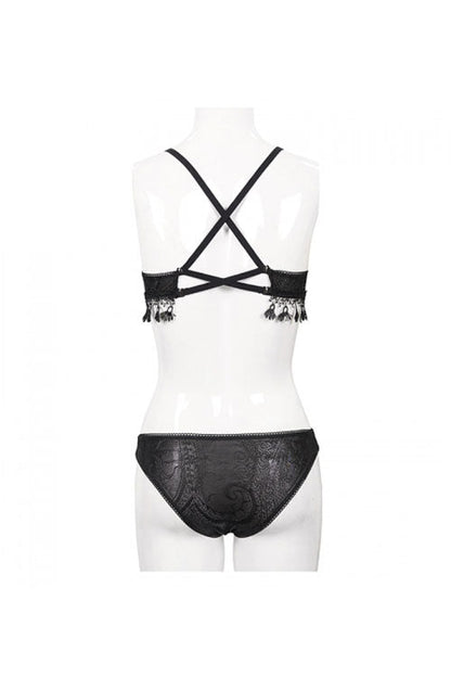Black Dark Grain Jacquard Tassel Lace Up Gothic Swimsuit