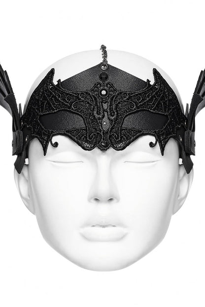 Black Artificial Leather Stitching Bat Shaped Lace Tassel Women's Steampunk Chain Mask