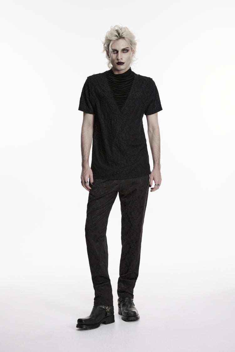 Black High Collar Short Sleeves Spliced Pleated Men's Gothic Shirt