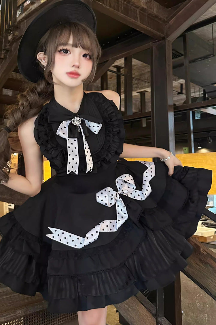 Black Multi-Layered Polka Dots Print Ruffle Bowknot Gothic Lolita Dress