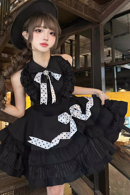 Black Multi-Layered Polka Dots Print Ruffle Bowknot Gothic Lolita Dress
