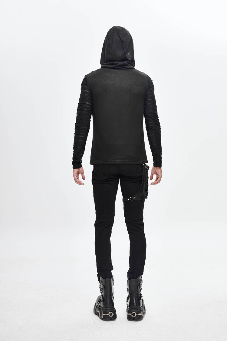 Black Collar Metal Button Irregular Striped Patchwork Bandage Hooded Men's Punk T-Shirt