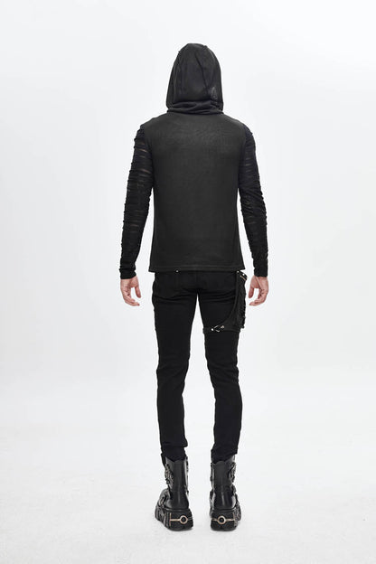 Black Collar Metal Button Irregular Striped Patchwork Bandage Hooded Men's Punk T-Shirt