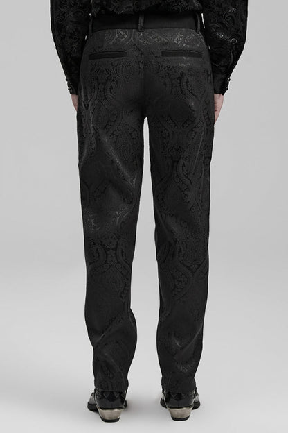 Black Jacquard Floral Print Decal Decoration Men's Gothic Pants