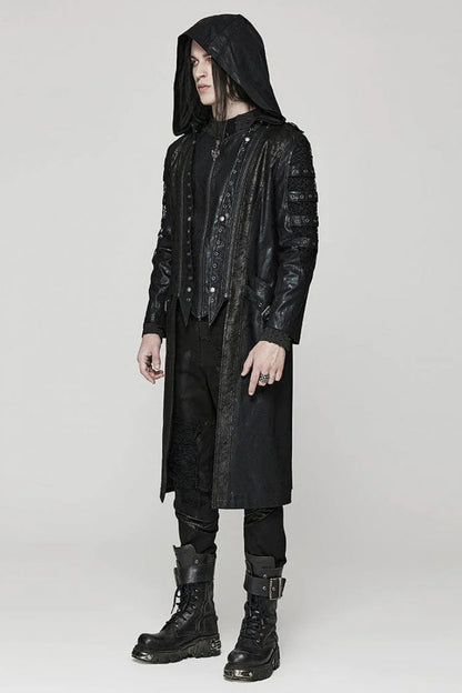 Black Crackled Mesh Hollow Stitching Hooded Mens Steampunk Coat