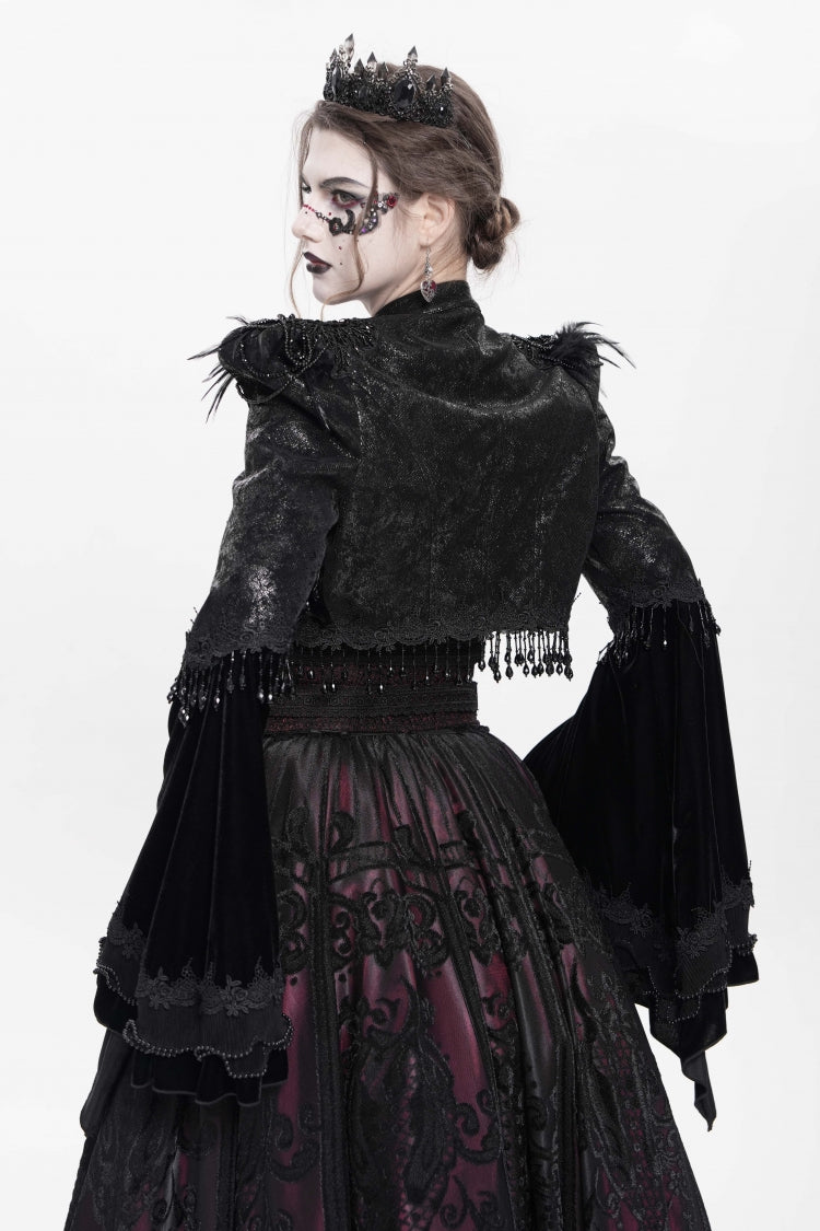 Black Long Sleeves Floral Embroidery Women's Gothic Beaded Frog Short Jacket