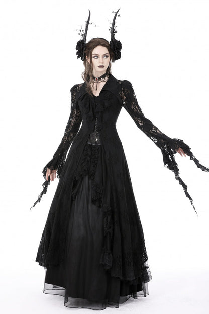 Black Lapel Collar Long Sleeves Ruffled Irregular Lace Lace-Up Women's Gothic Jacket Dress
