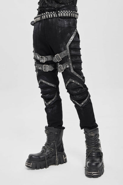 Black Buckle Straps Pleated Men's Punk Pants