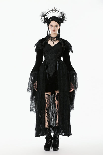 Black Lace Spliced Velvet Long Flared Sleeves Floral Feather Women's Gothic Cape