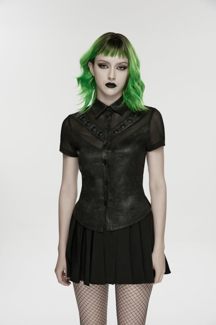 Black Lapel Collar Short Sleeves Lace-Up Mesh Eyelet Women's Punk Blouse