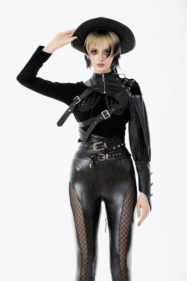 Black Cut-Out Asymmetric Buckled Zippered Women's Punk Cape