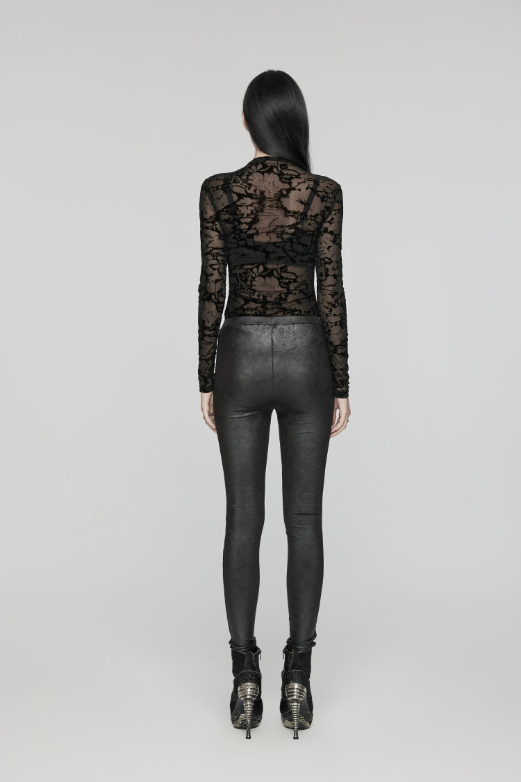 Black Embroidered Spliced Sheer Women's Gothic Leggings