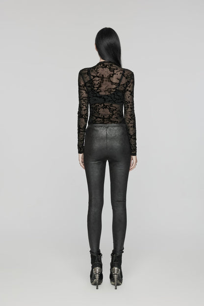 Black Embroidered Spliced Sheer Women's Gothic Leggings