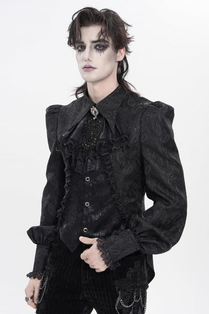Black Lapel Collar Long Lantern Sleeves Jacquard Embroidered Lace Men's Gothic Palace Swallow-tailed Shirt with Necktie