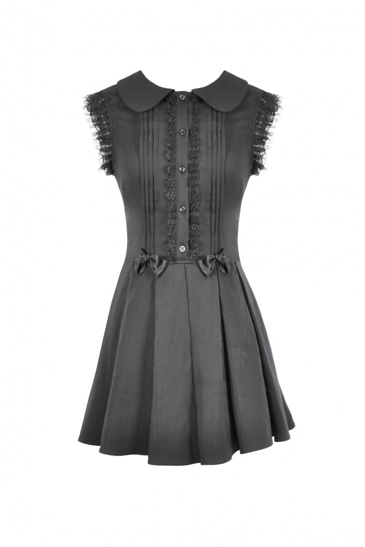 Black Peter Pan Collar Sleeveless Bowknot Pleated Women's Gothic Graduation Dress
