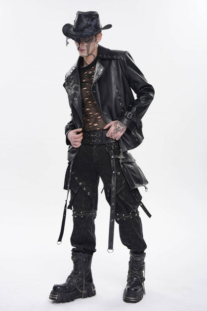 Black Lapel Collar Long Sleeves Studded Buckled Zippered Eyelet Women's Punk Jacket