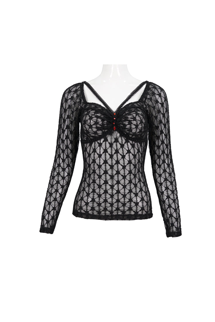 Black Lace Mesh Front Red Diamond Long Sleeve Transparent Women's Punk T-Shirt