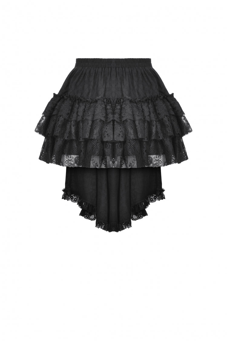 Black Multi-Layered Lace Women's Gothic Puffy Skirt with Detachable Swallow Tail